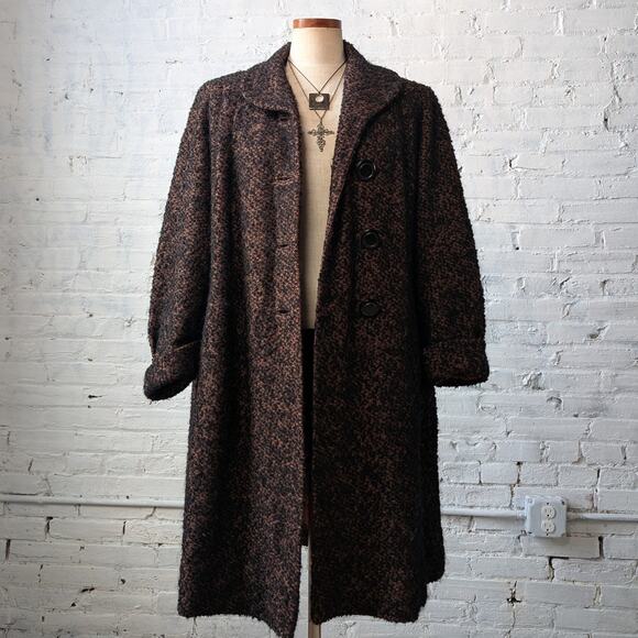 Vintage Black Rusty Fuzzy Wool Trench Coat Preppy Knit Boucle Boho Breezy Jacket - Picture 1 of 12